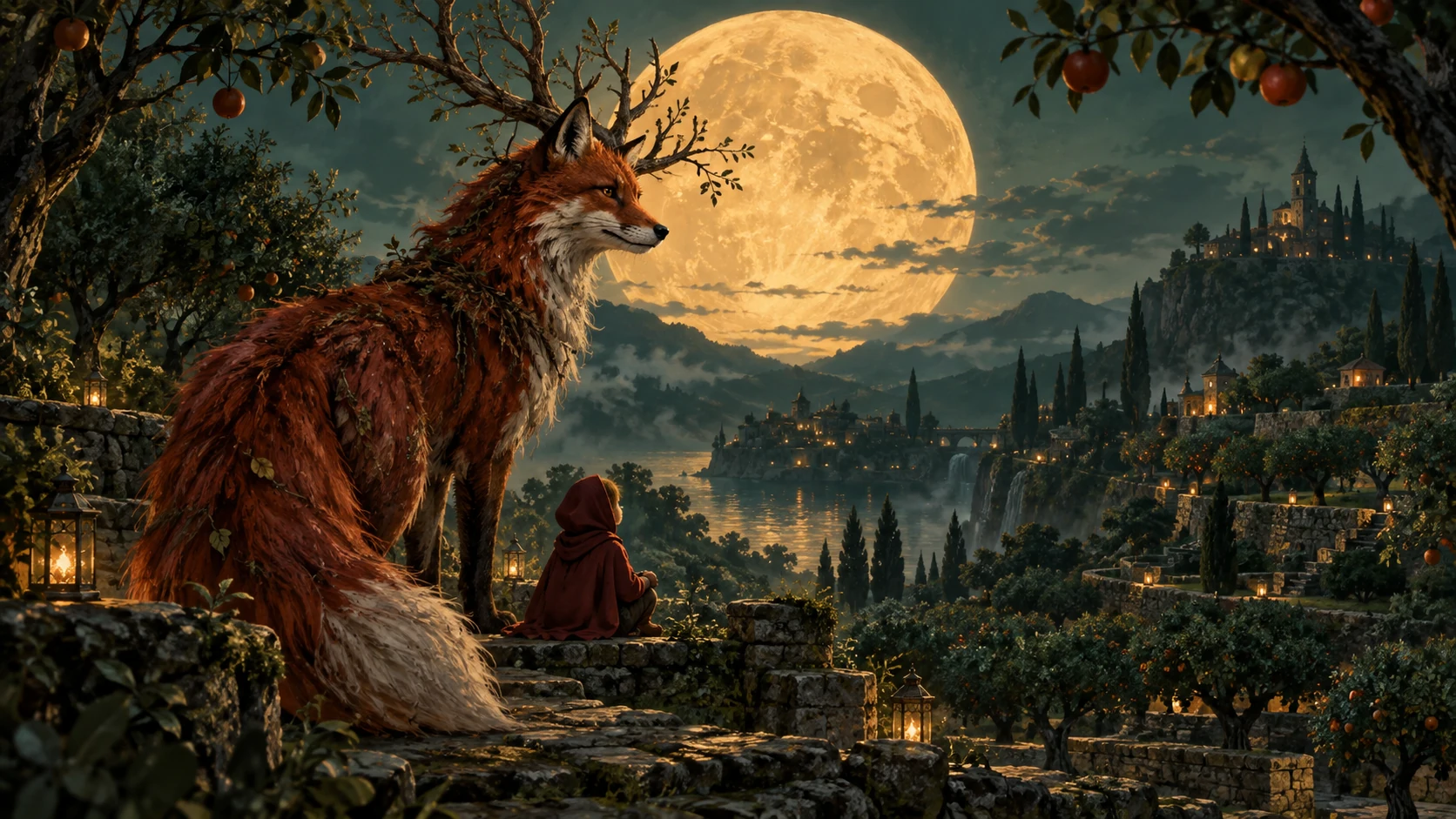 A small traveler and an antlered fox guardian in a moonlit orchard