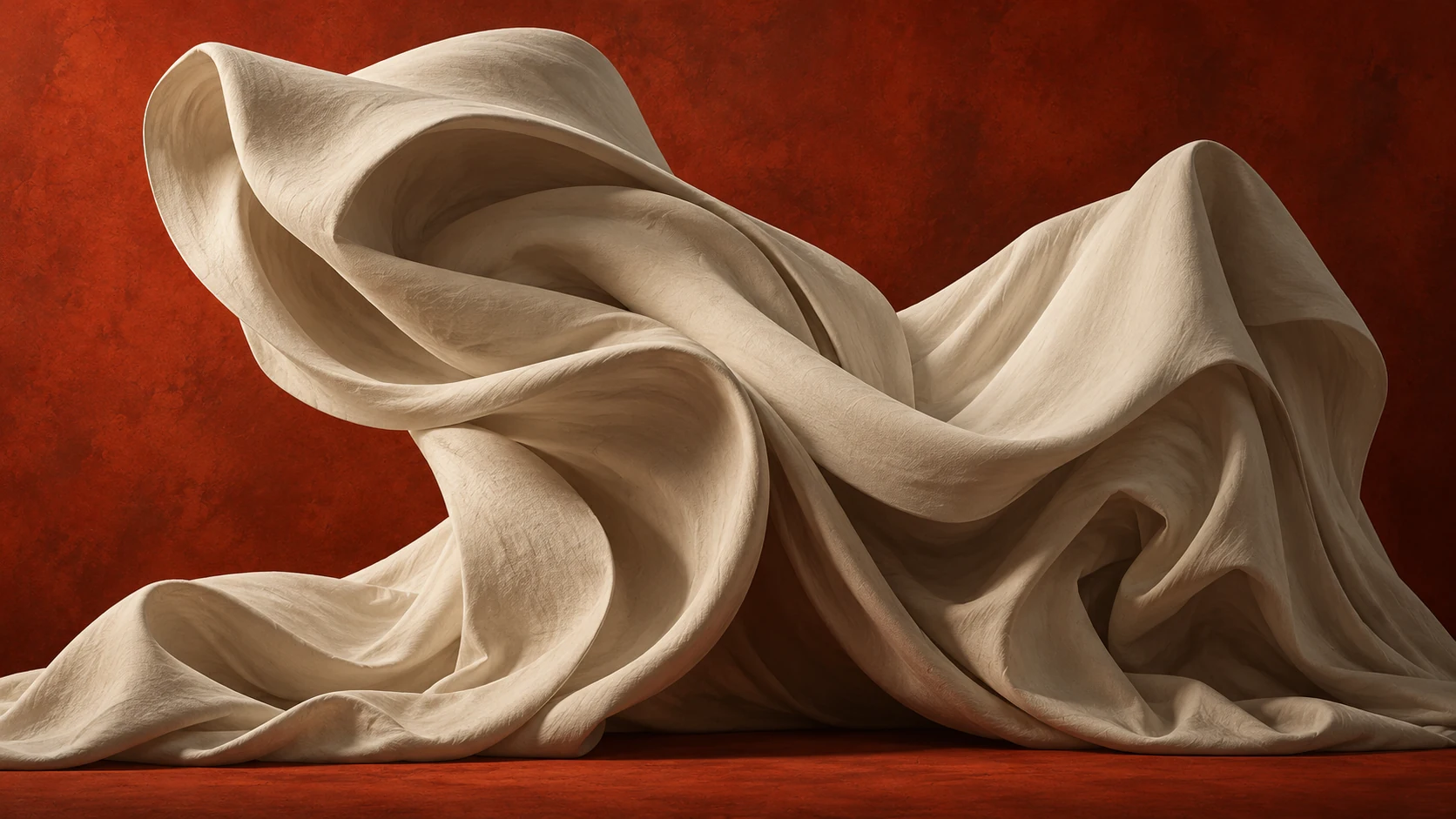 Sculptural ivory folds on a vermilion field