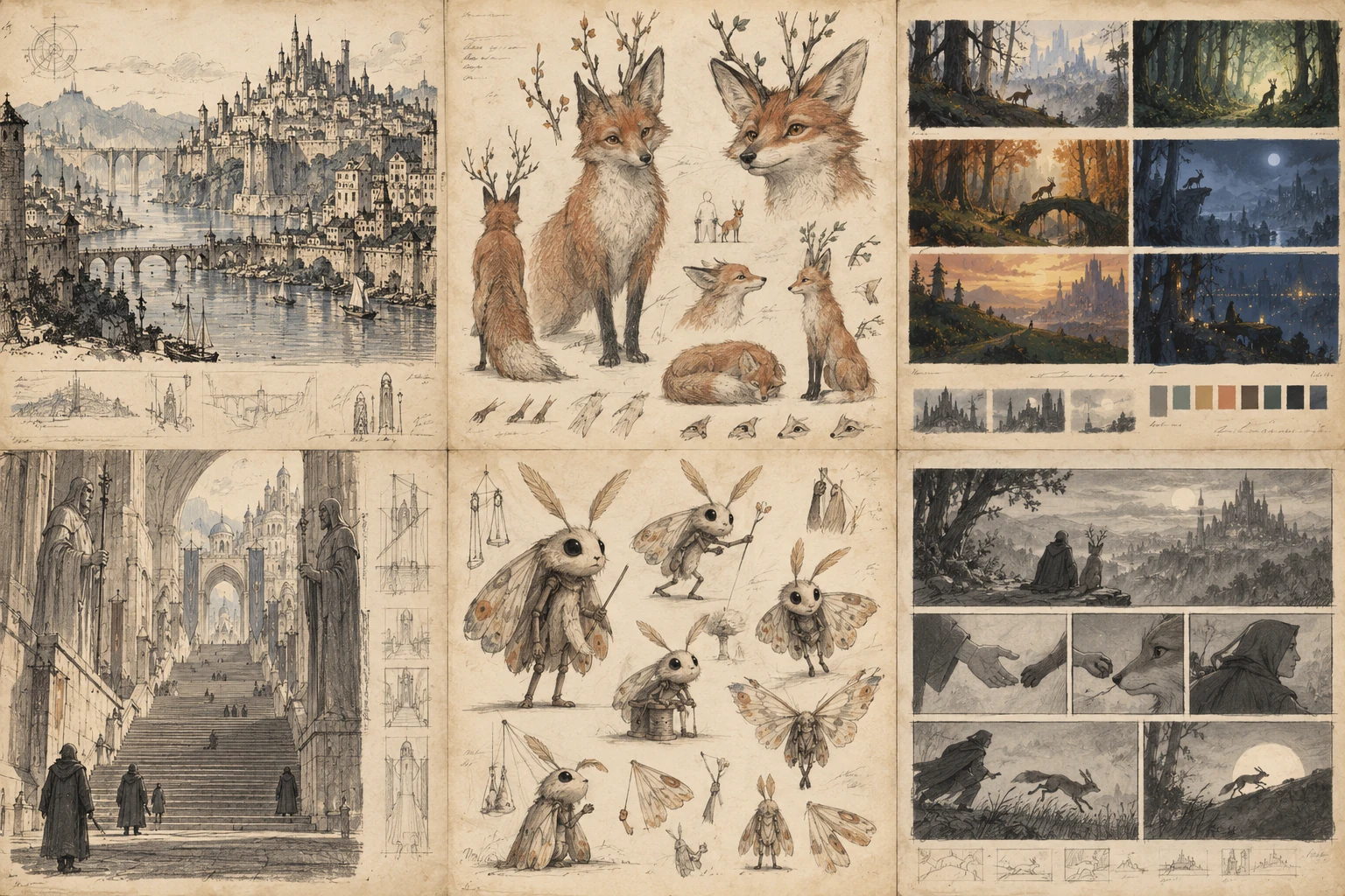 A spread of production sketches
