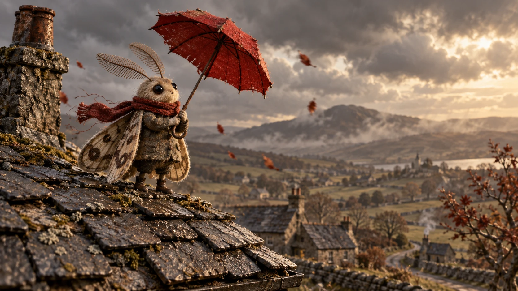 A moth character with a red umbrella on a miniature rooftop
